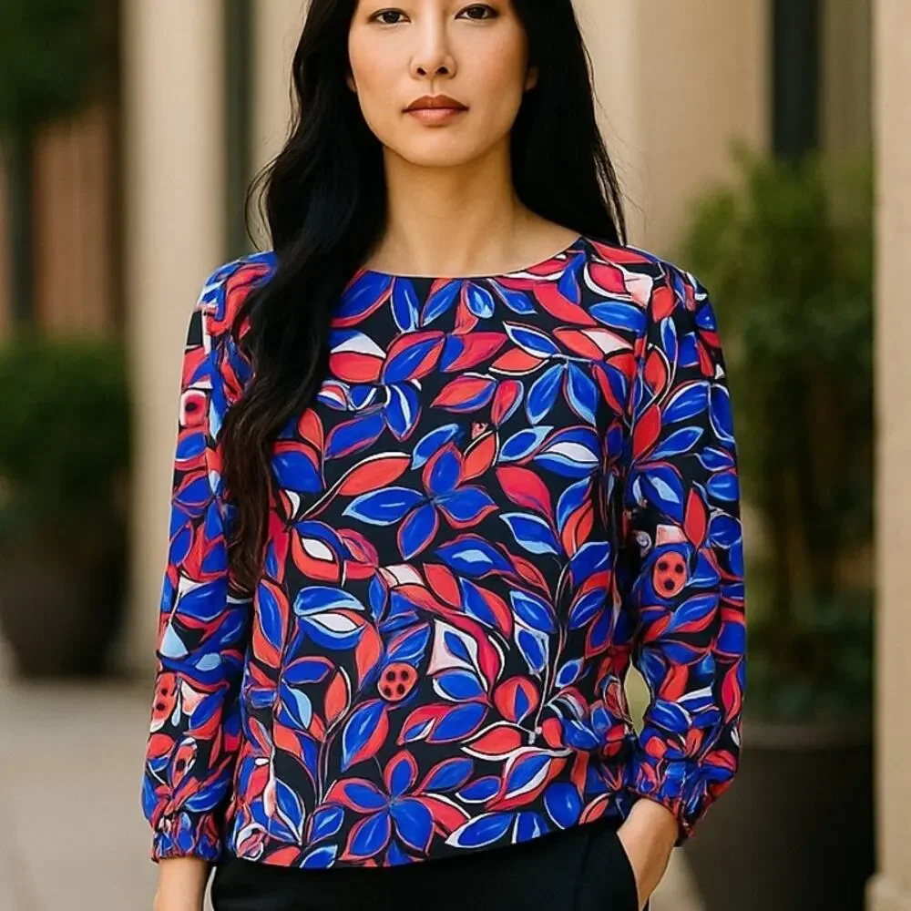 J.CREW Floral Butterfly Colorful Long Sleeve Popover Blouse ~ Women's MEDIUM